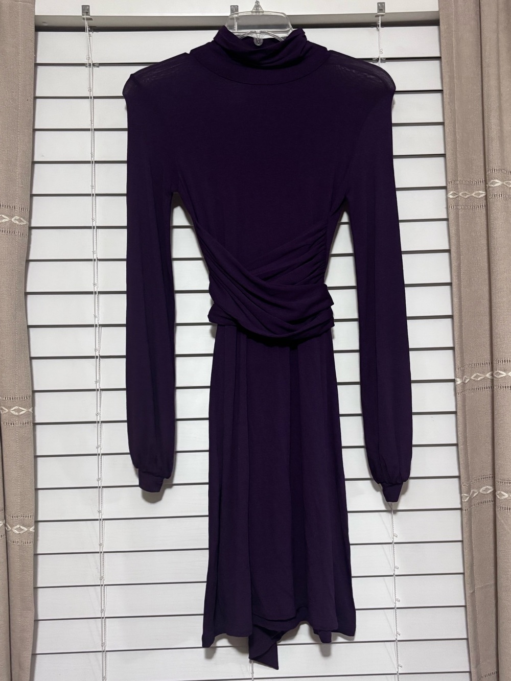 Analili Plum Purple Mock Neck Crossover Wrap Long Sleeve Dress Small
